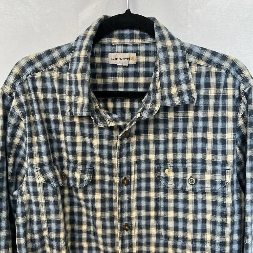 Carhartt Relaxed Fit L Heavy Cotton Long Sleeve Button Up Shirt Blue Plaid‎ Work